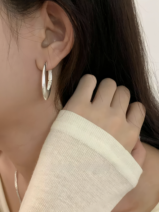 JW21592- 歐美風質感橢圓圈純銀耳環