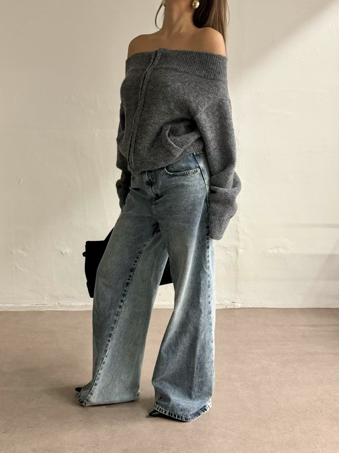 TP22086- 韓國法式羊毛混紡一字領寬鬆長袖毛衣