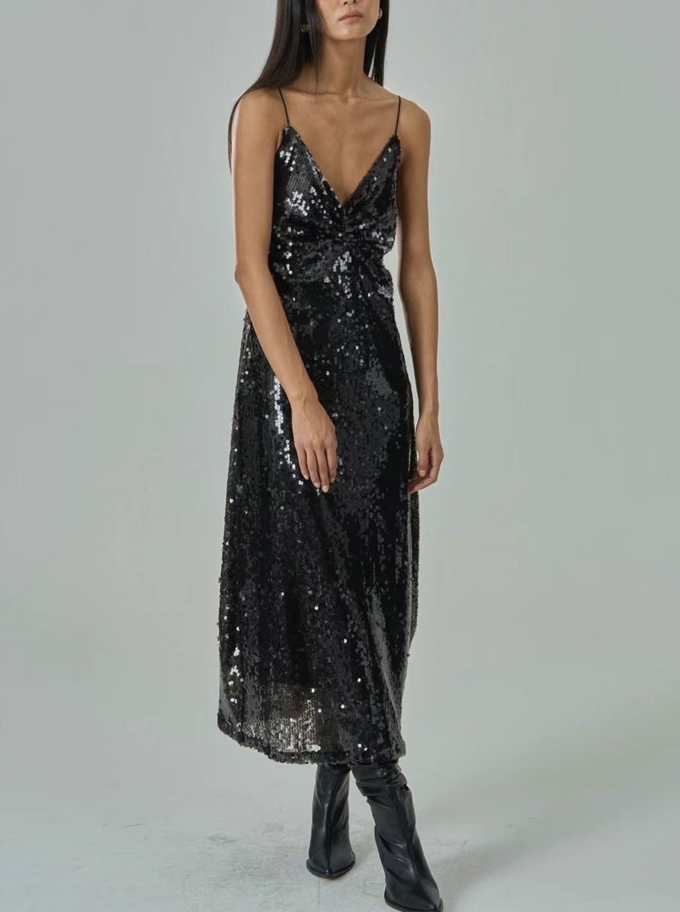 DS11223- FW23 A Night to Shine: Luxurious Black Sequin Dress Evening Gown