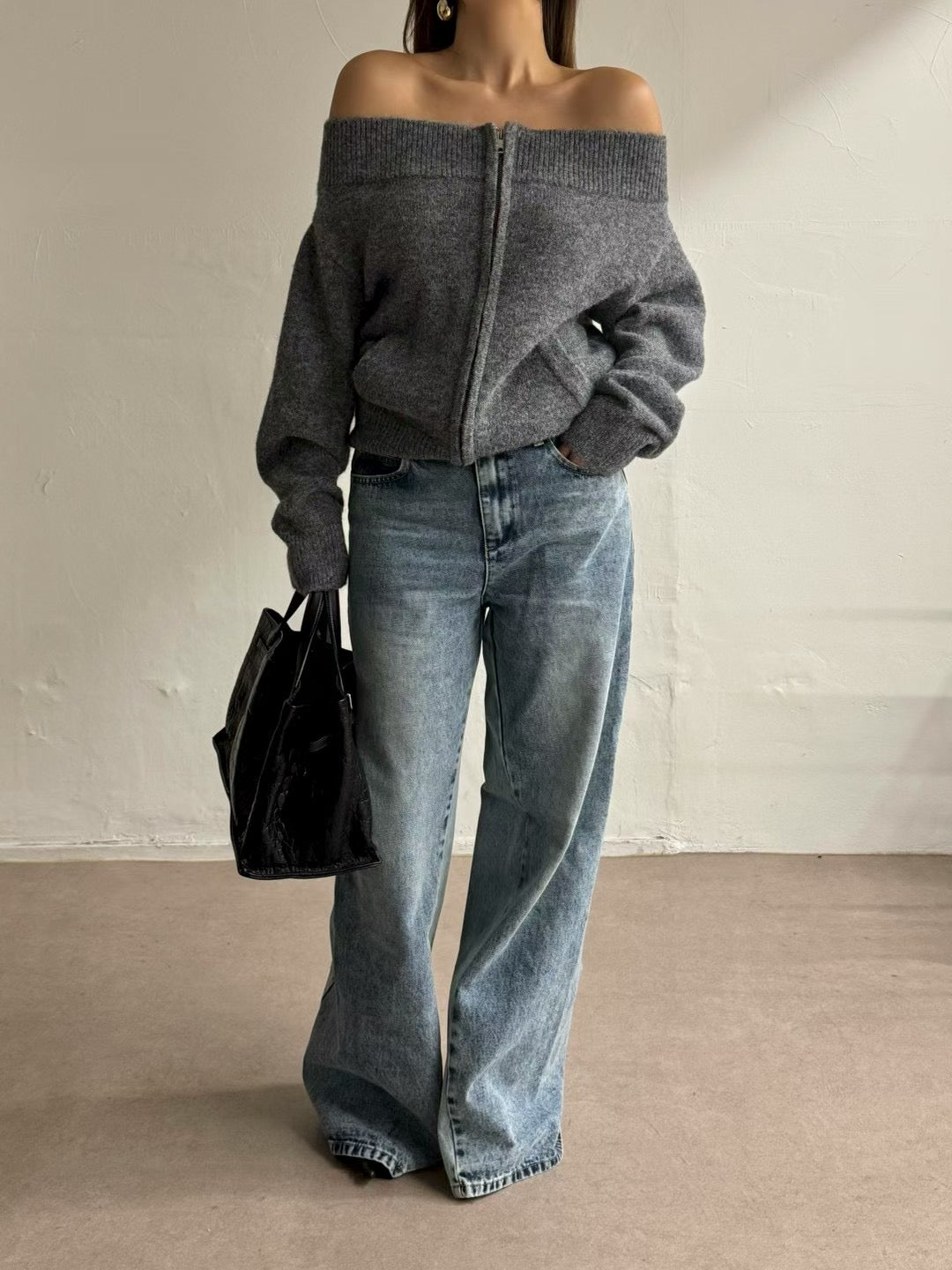 TP22086- 韓國法式羊毛混紡一字領寬鬆長袖毛衣