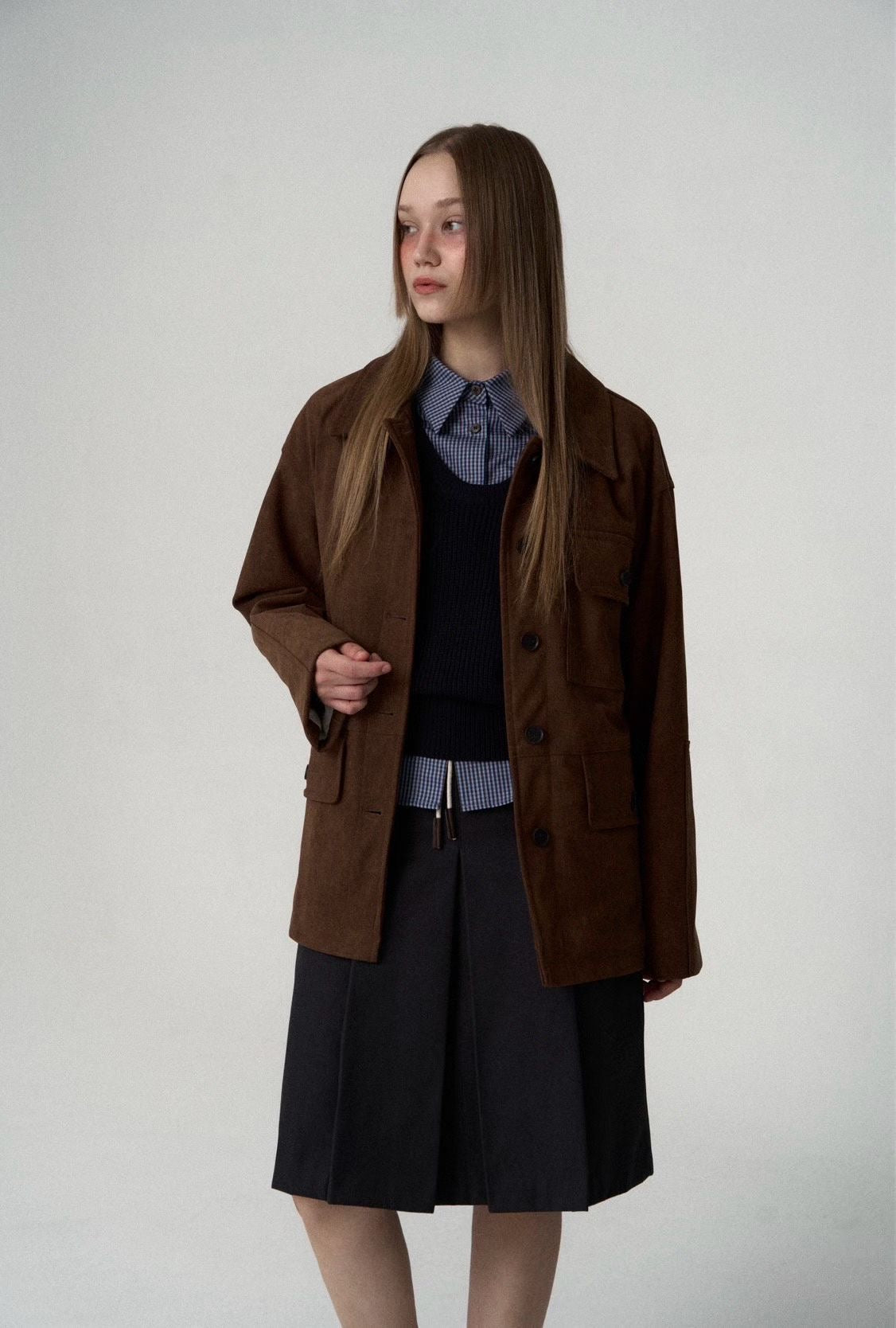 OT22018- 韓國復古寬鬆工裝大口袋翻領高品質防麂皮外套