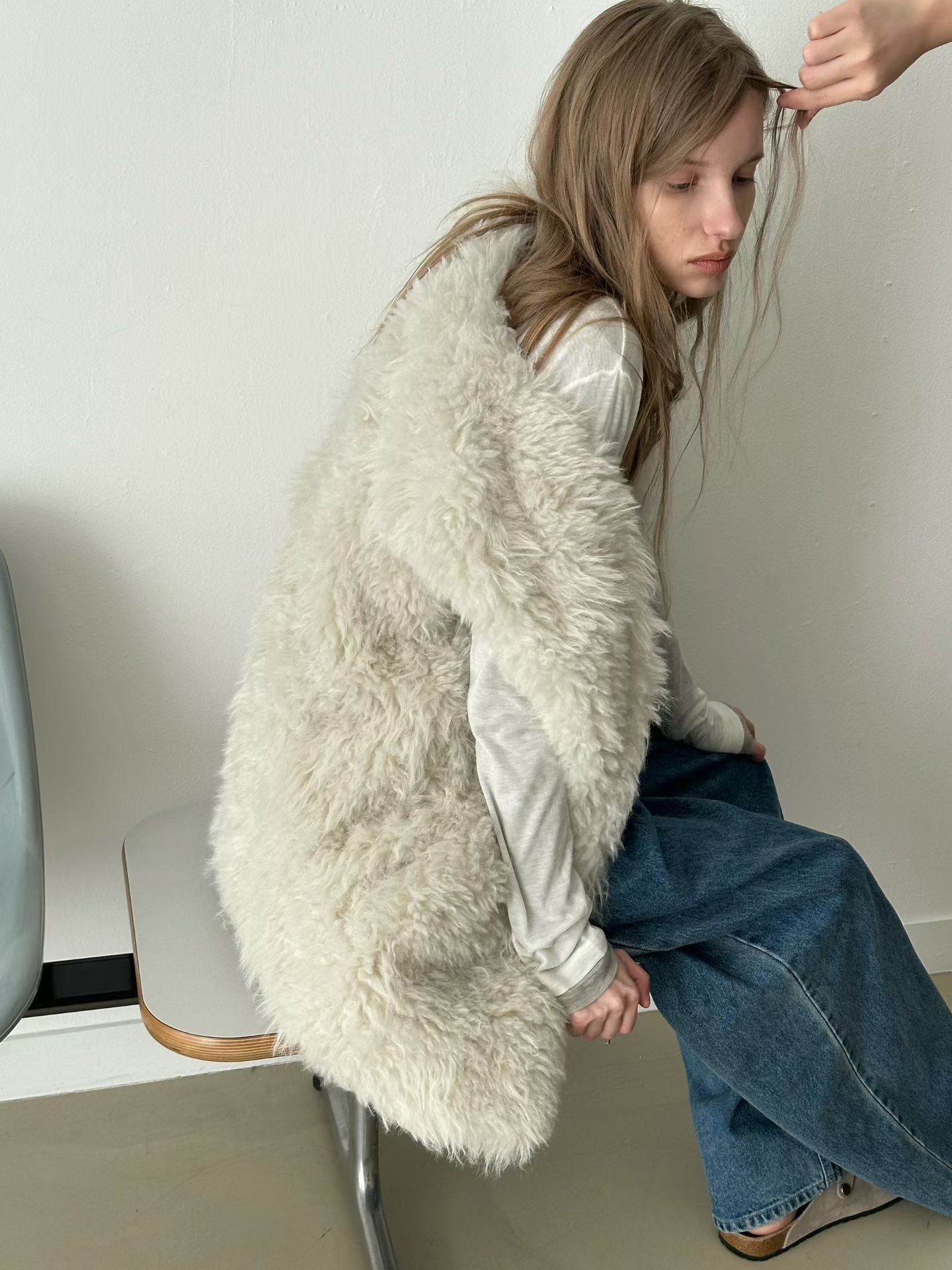 OT21998- 韓國V領fake fur羊羔毛环保皮草馬甲背心