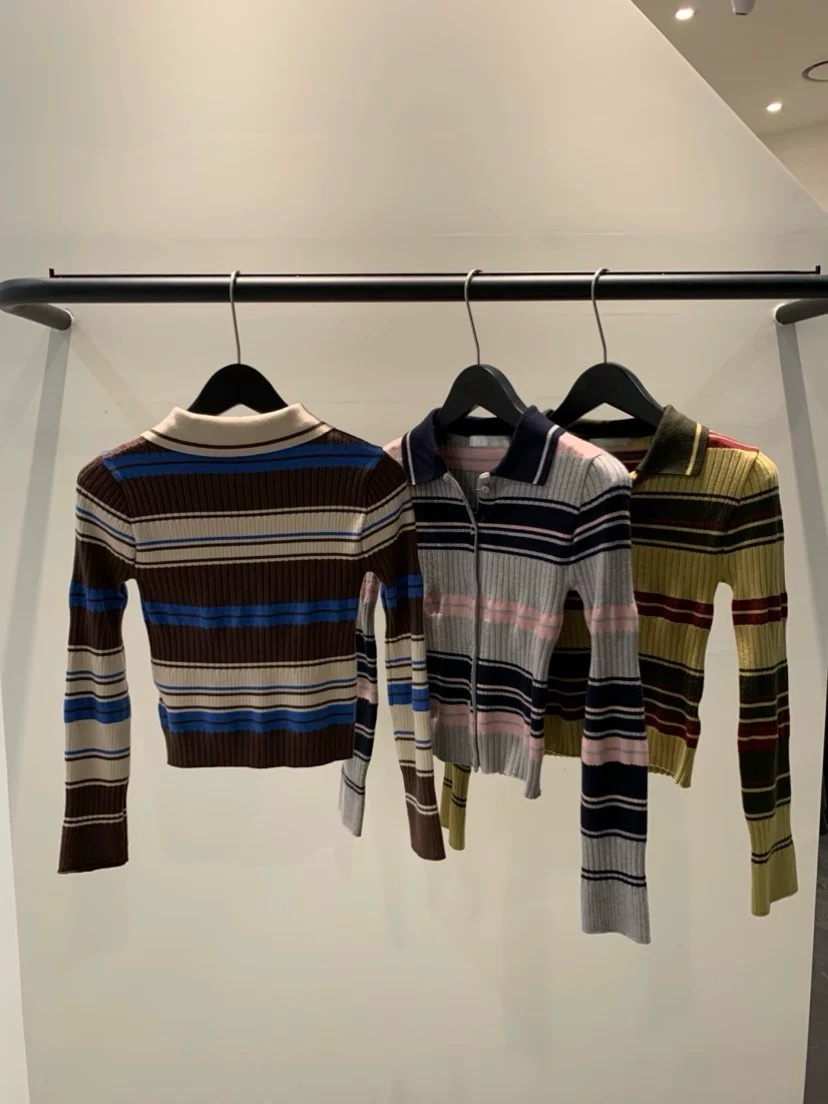 TP22006- 韓國短身復古修身撞色條紋毛衣針織開襟衫