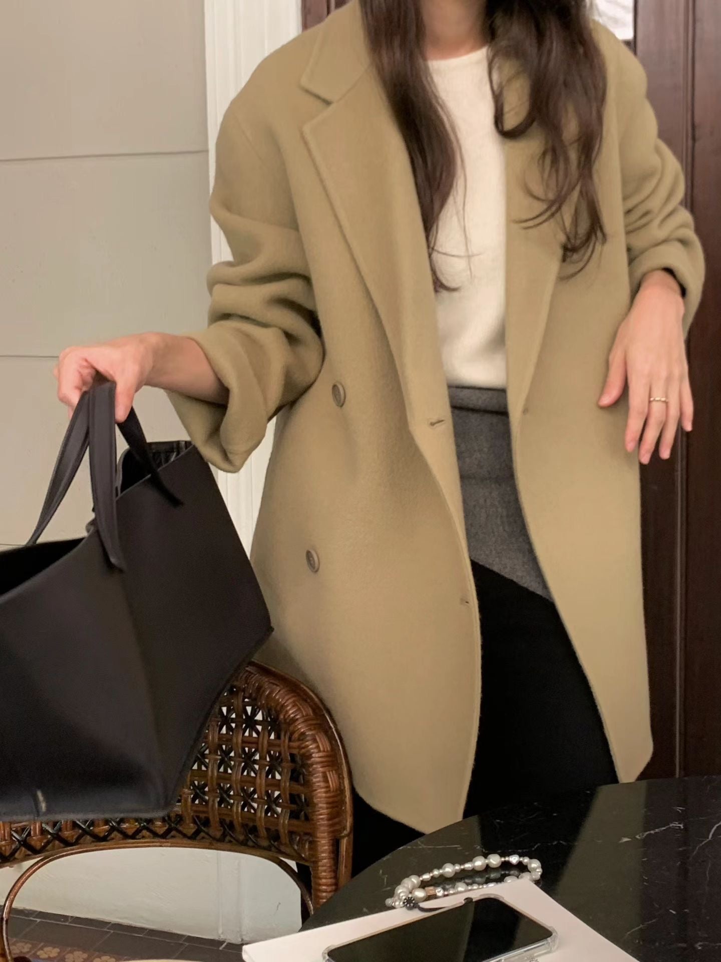 OT21933- 韓國氣質通勤雙排扣羊毛呢大衣外套