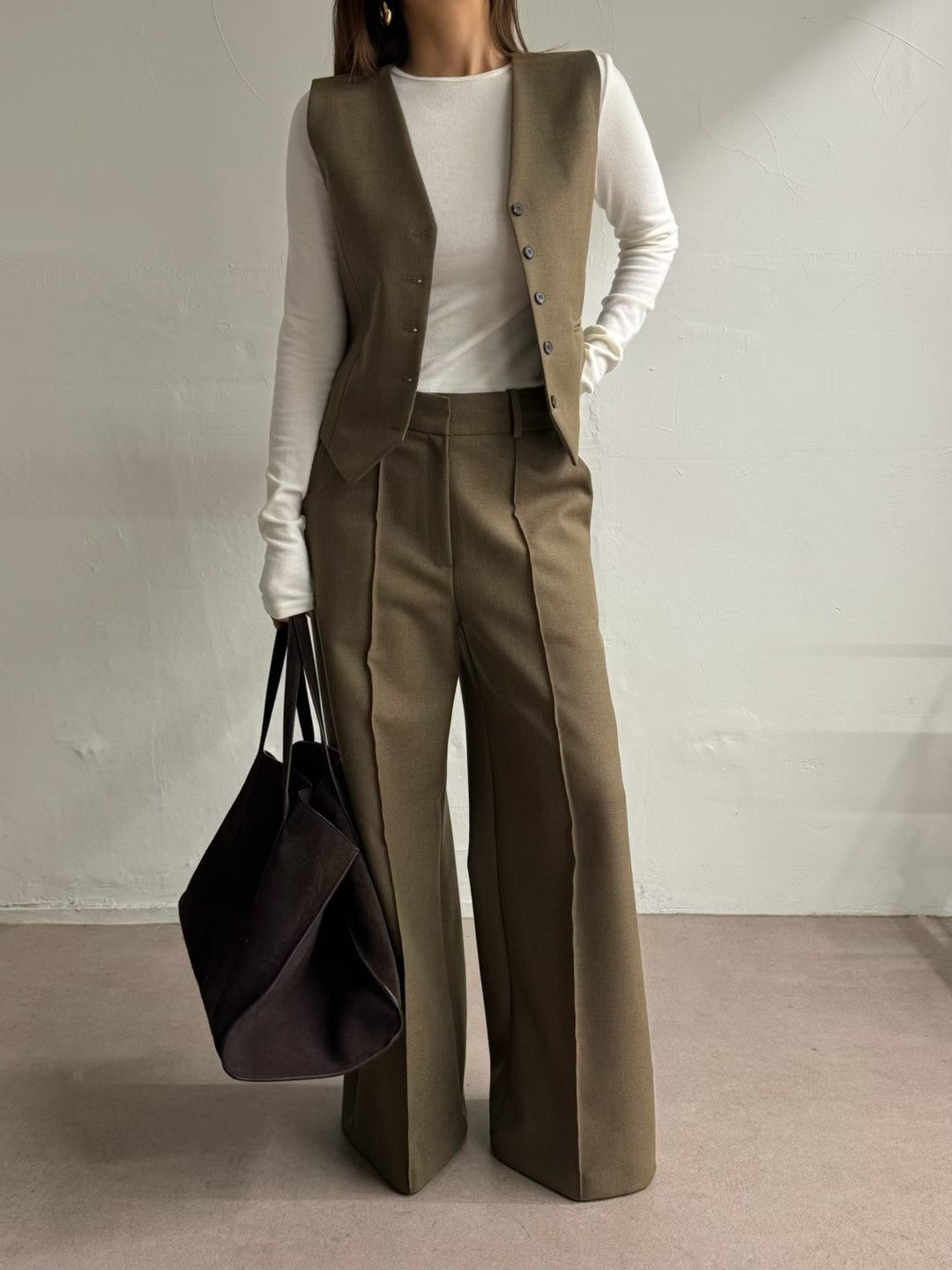 ST22090- 韓國西裝馬甲背心 + 寬鬆直筒褲兩件套