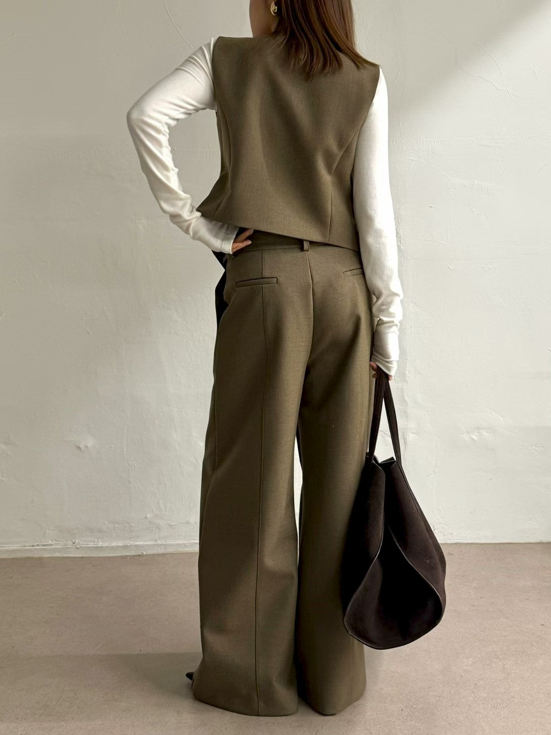 ST22090- 韓國西裝馬甲背心 + 寬鬆直筒褲兩件套