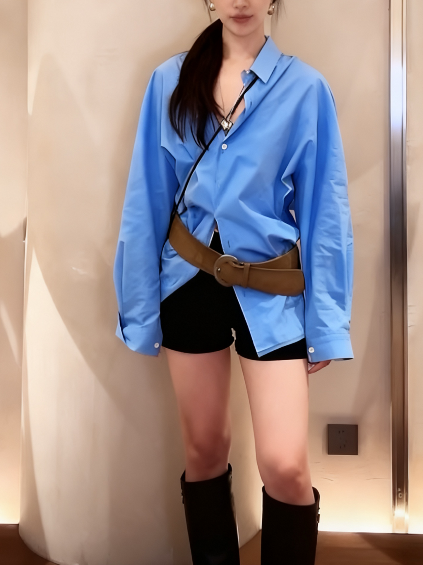 AC22022- 韓國大器優雅麂皮質感寬版金屬釦腰帶