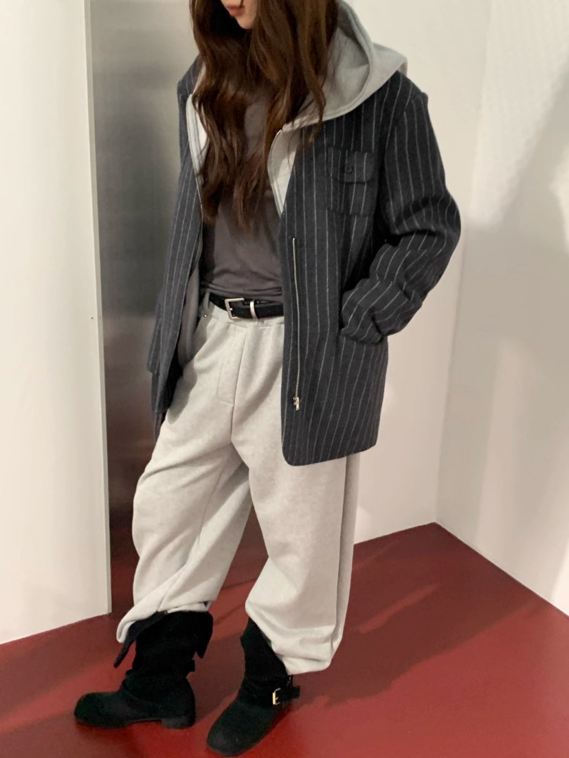 JK22083- 韓國率性無領條紋拉鍊西裝外套