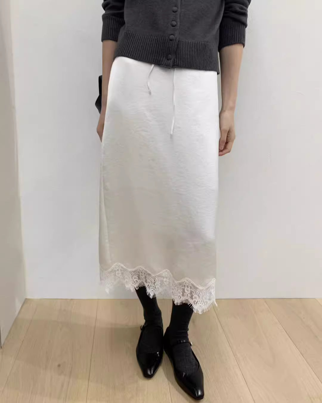 SK21923- 韓國法式輕奢蕾絲絲緞修身中長裙