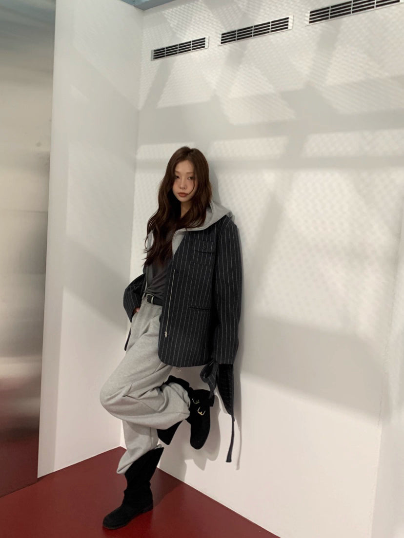 JK22083- 韓國率性無領條紋拉鍊西裝外套