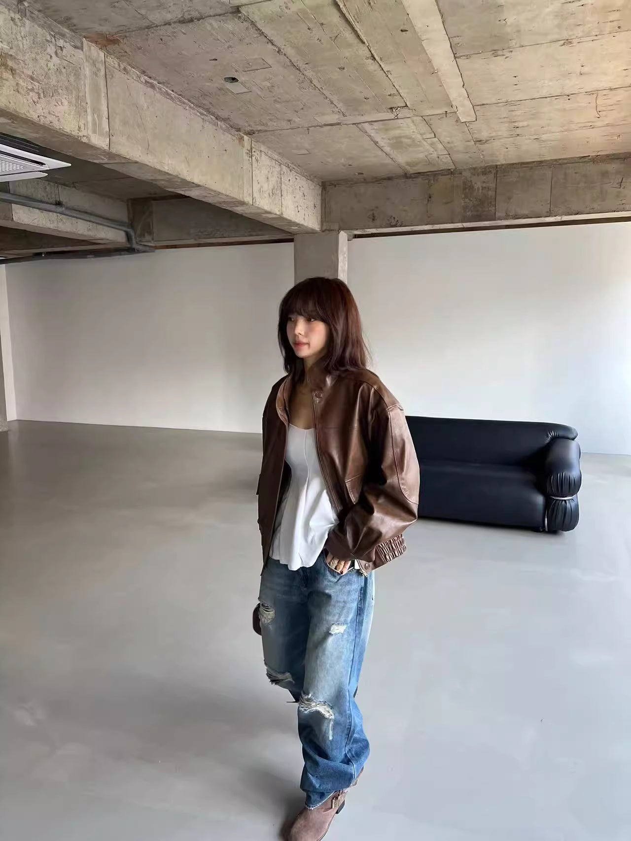 DN21908- 韓系復古刷破寬鬆破洞牛仔褲