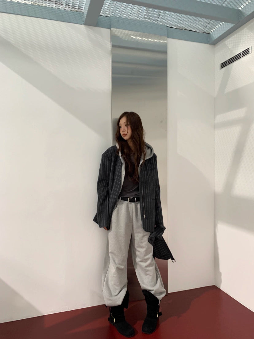 JK22083- 韓國率性無領條紋拉鍊西裝外套