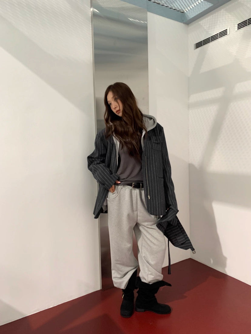 JK22083- 韓國率性無領條紋拉鍊西裝外套