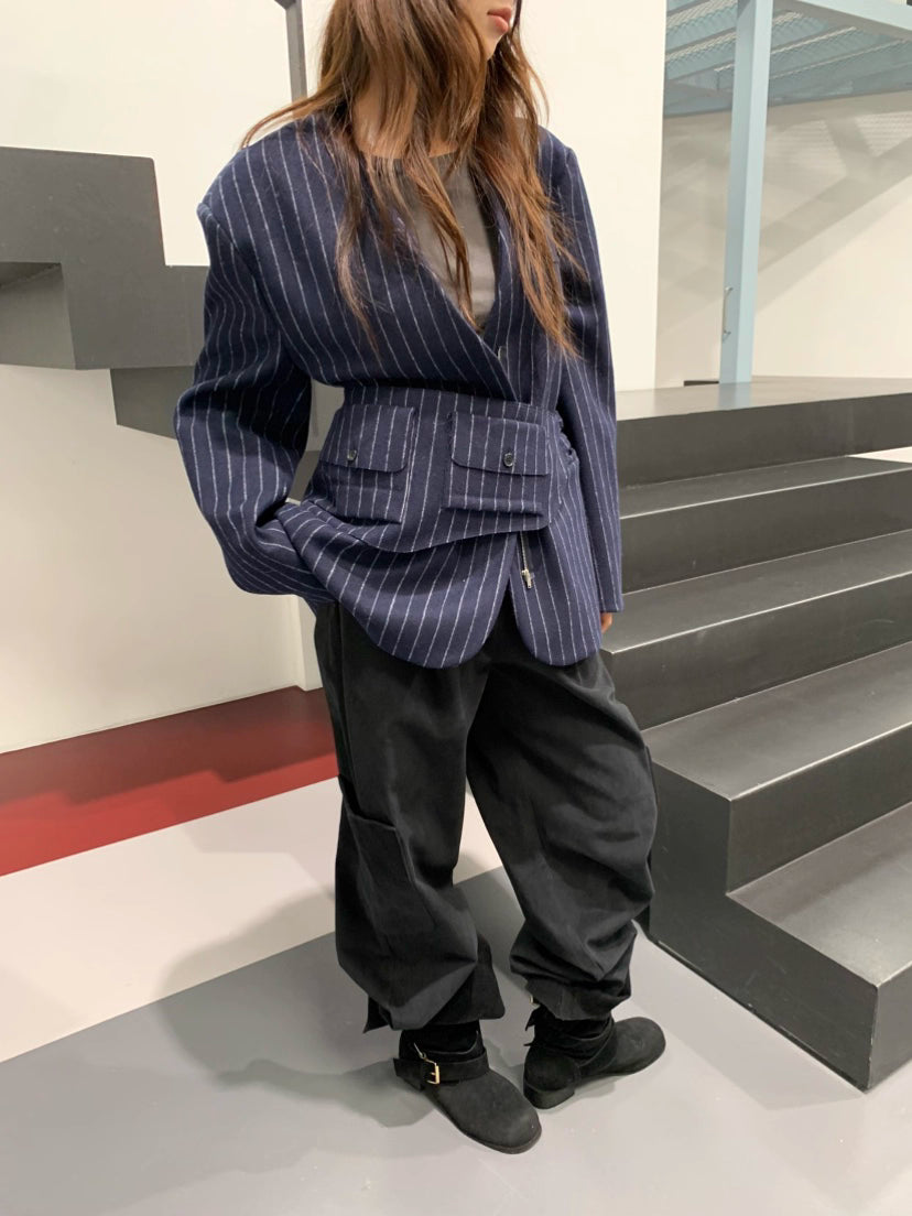 JK22083- 韓國率性無領條紋拉鍊西裝外套