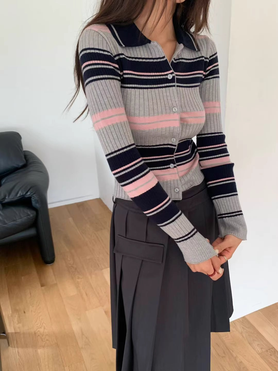 TP22006- 韓國短身復古修身撞色條紋毛衣針織開襟衫