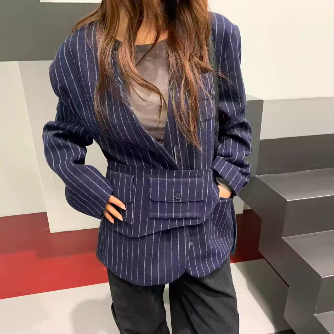 JK22083- 韓國率性無領條紋拉鍊西裝外套