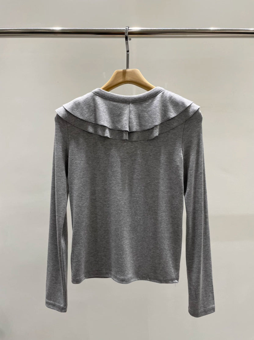 TP22016- 韓國設計師款荷葉領氣質修身長袖T恤上衣