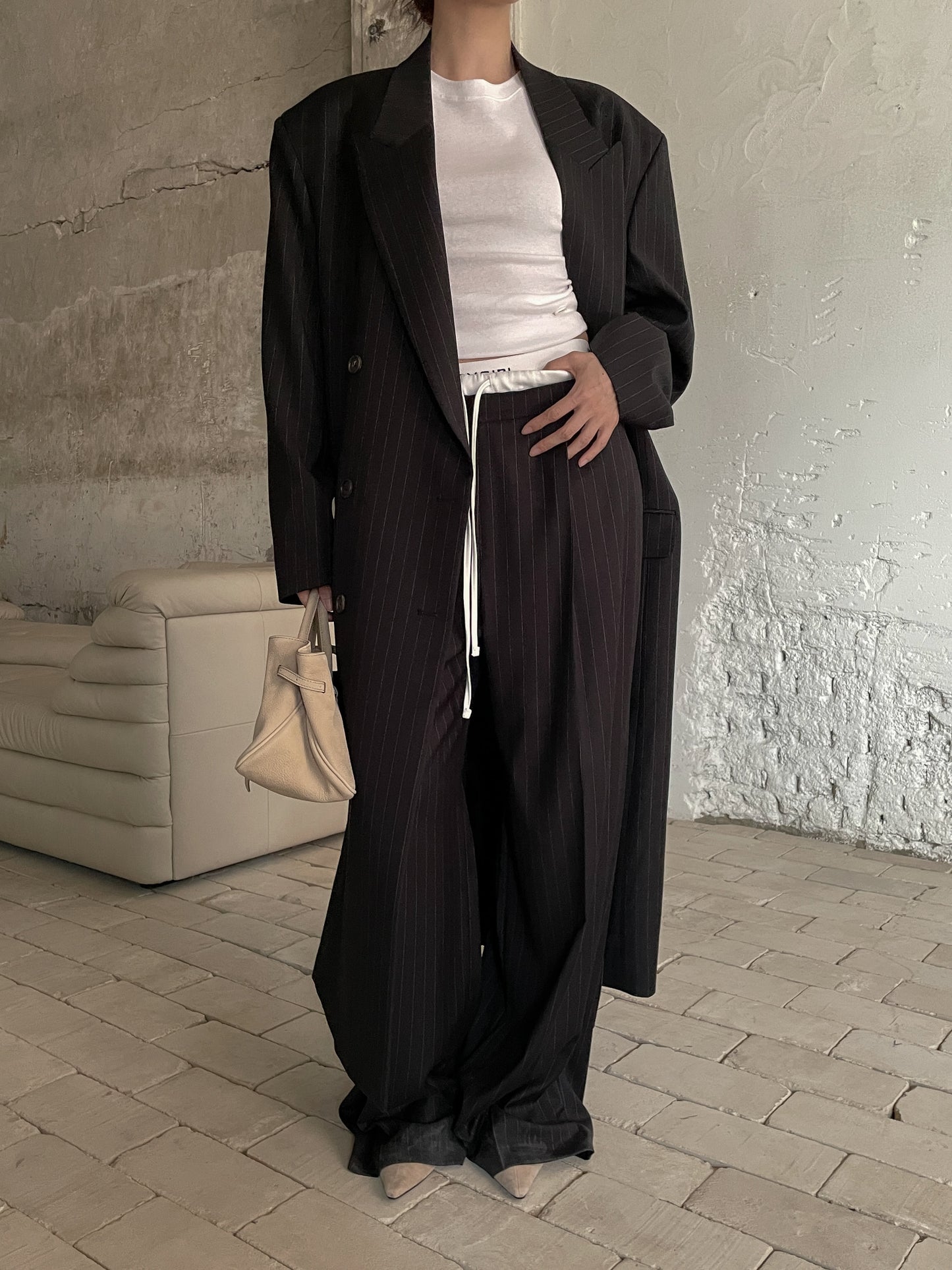 PT21883 - Korean Designer Brand Spliced Tie Stripe Loose Casual Pants
