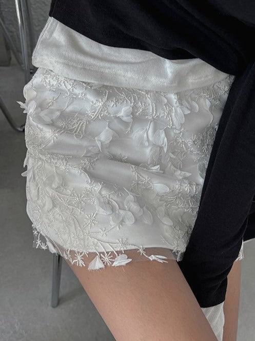 SK11115- FW23 Korean handmade three-dimensional flower snowflake lace high waist A-line skirt