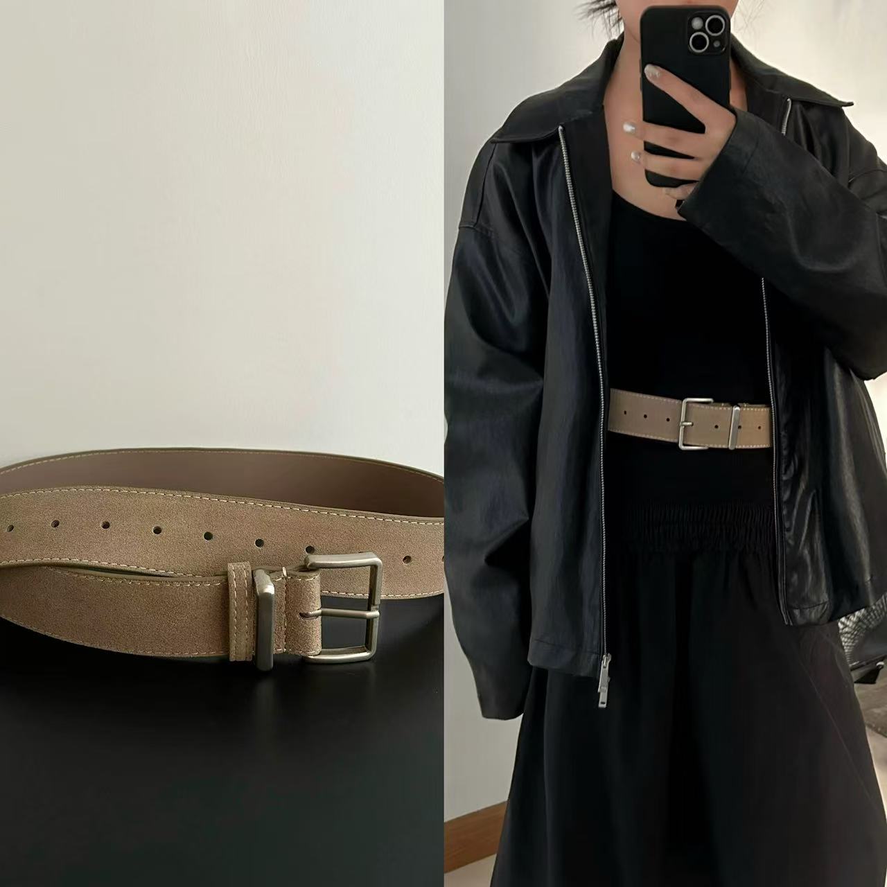 AC22068- 高質麂皮牛皮方釦腰帶皮带