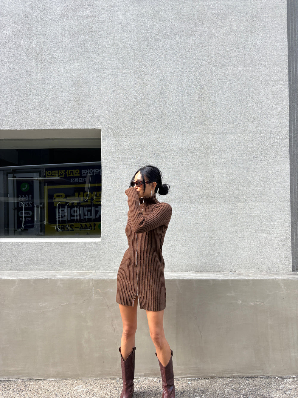 DS22072- 韓國設計師款式高領拉鍊針織洋裝