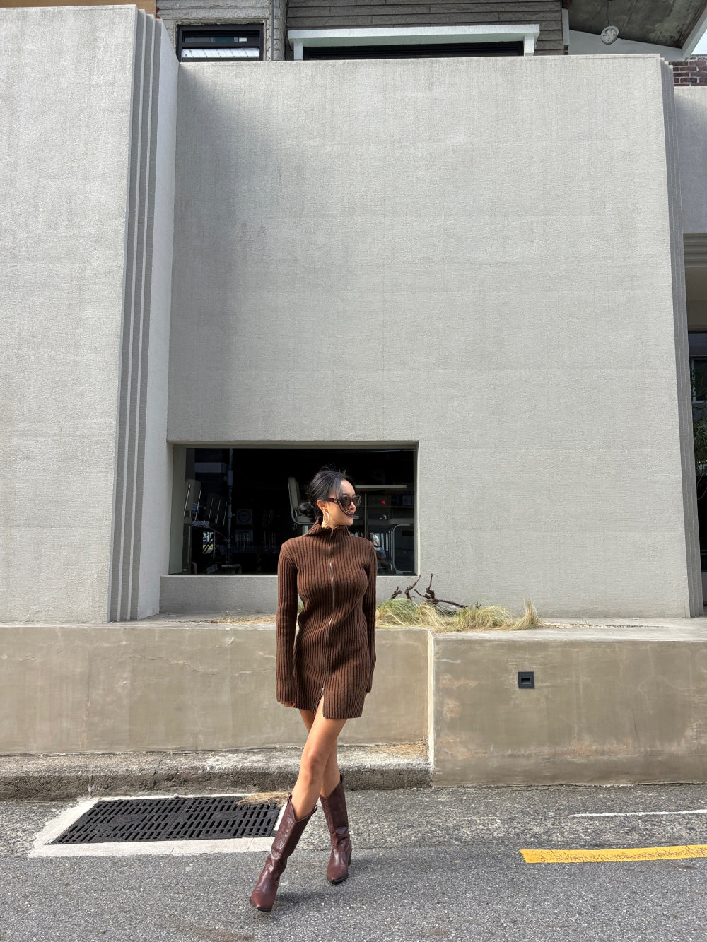 DS22072- 韓國設計師款式高領拉鍊針織洋裝