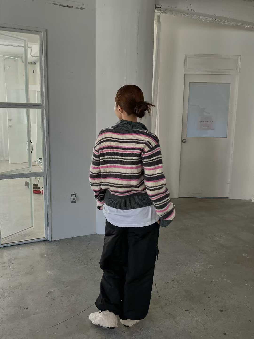 TP22080- 韓國高質感羊駝毛混紡條紋休閒針織外套