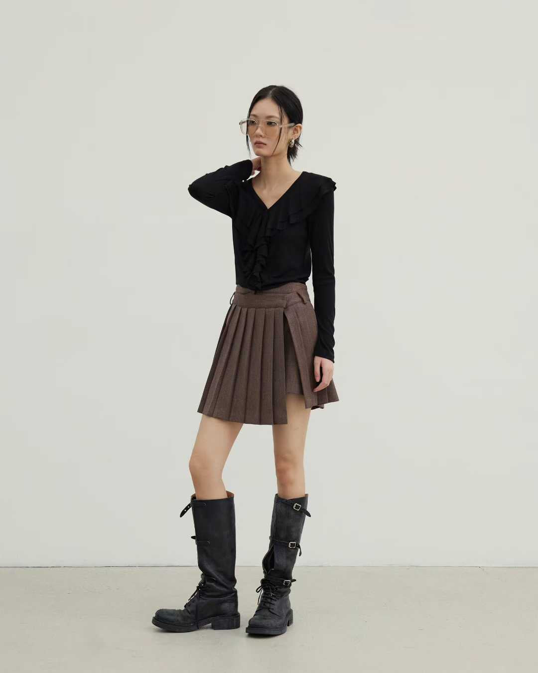 TP22016- 韓國設計師款荷葉領氣質修身長袖T恤上衣