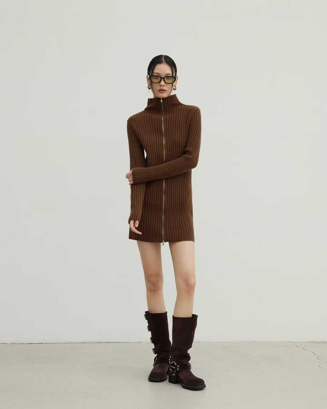 DS22072- 韓國設計師款式高領拉鍊針織洋裝