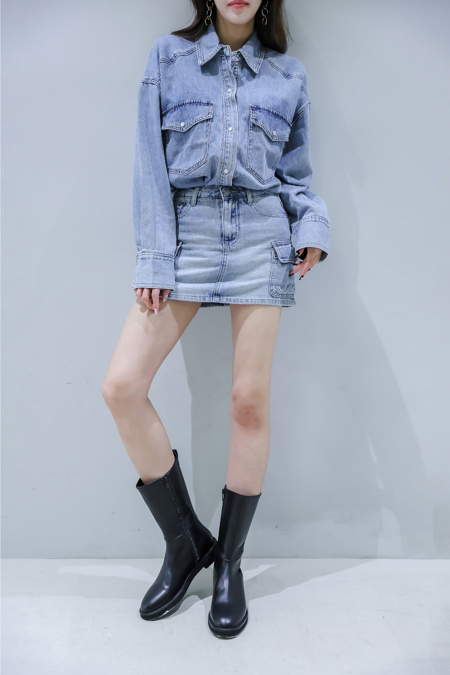 ST21796- 韓國率性休閒風牛仔襯衫搭配工裝裙褲兩件套