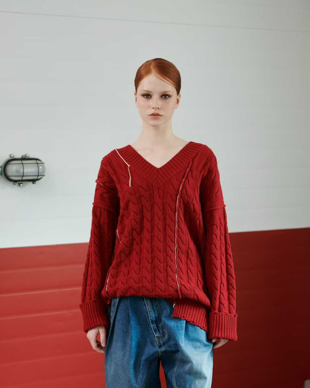 TP21996B- 韓國設計師款oversize手工縫線麻花V領毛衣(不包腰带)