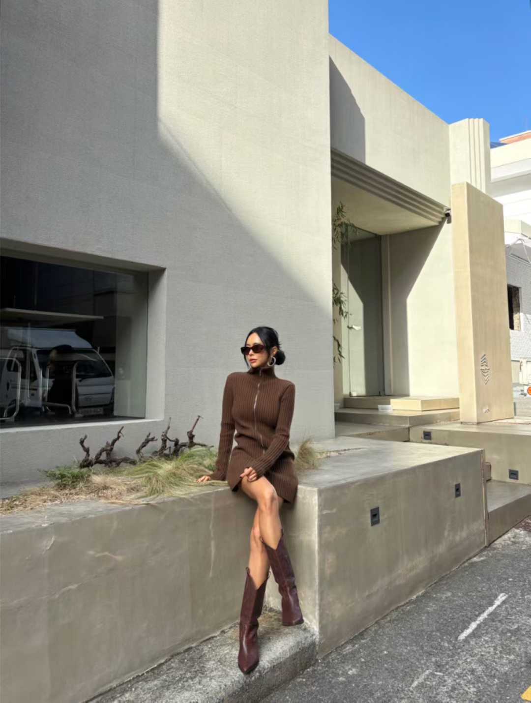 DS22072- 韓國設計師款式高領拉鍊針織洋裝