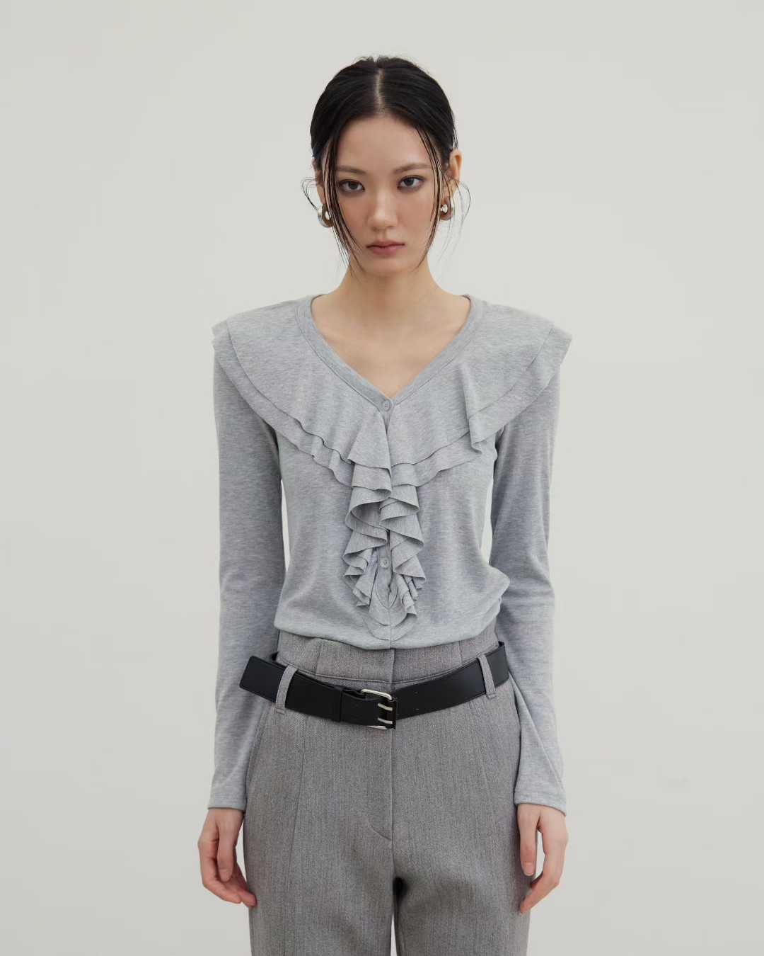 TP22016- 韓國設計師款荷葉領氣質修身長袖T恤上衣