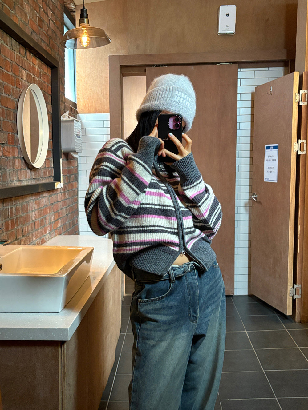 TP22080- 韓國高質感羊駝毛混紡條紋休閒針織外套