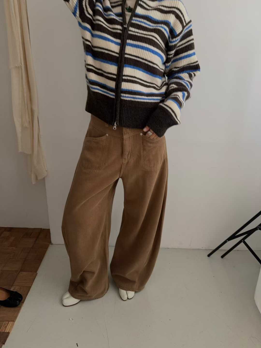 TP22080- 韓國高質感羊駝毛混紡條紋休閒針織外套