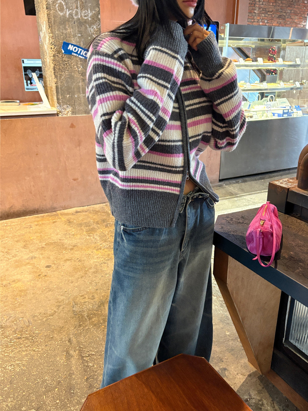 TP22080- 韓國高質感羊駝毛混紡條紋休閒針織外套