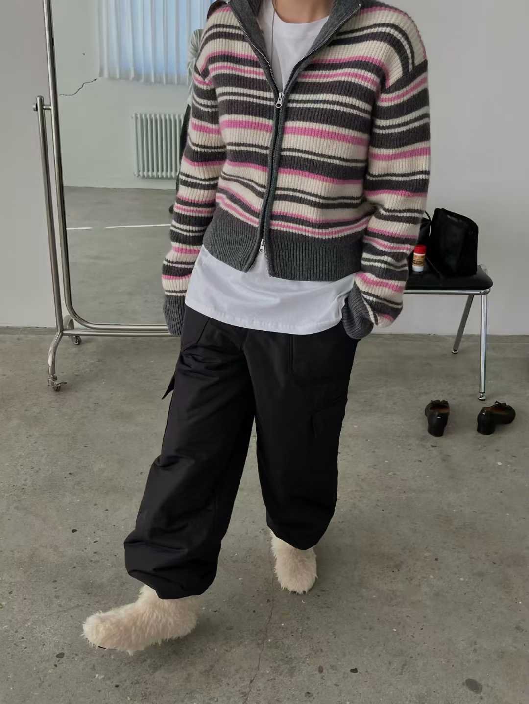 TP22080- 韓國高質感羊駝毛混紡條紋休閒針織外套