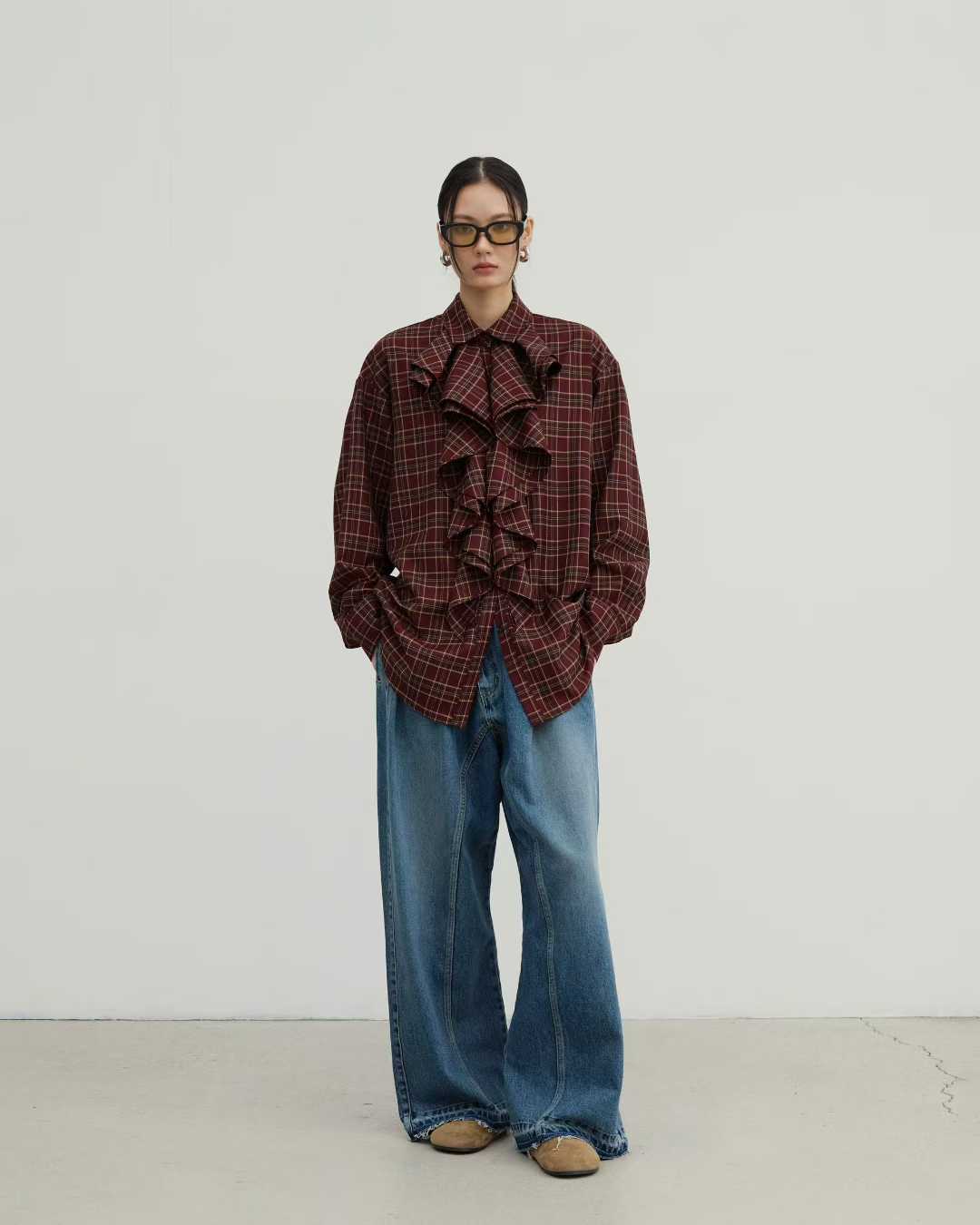 TP22073- 韓國設計師款復古浪漫格紋荷葉邊長袖襯衫