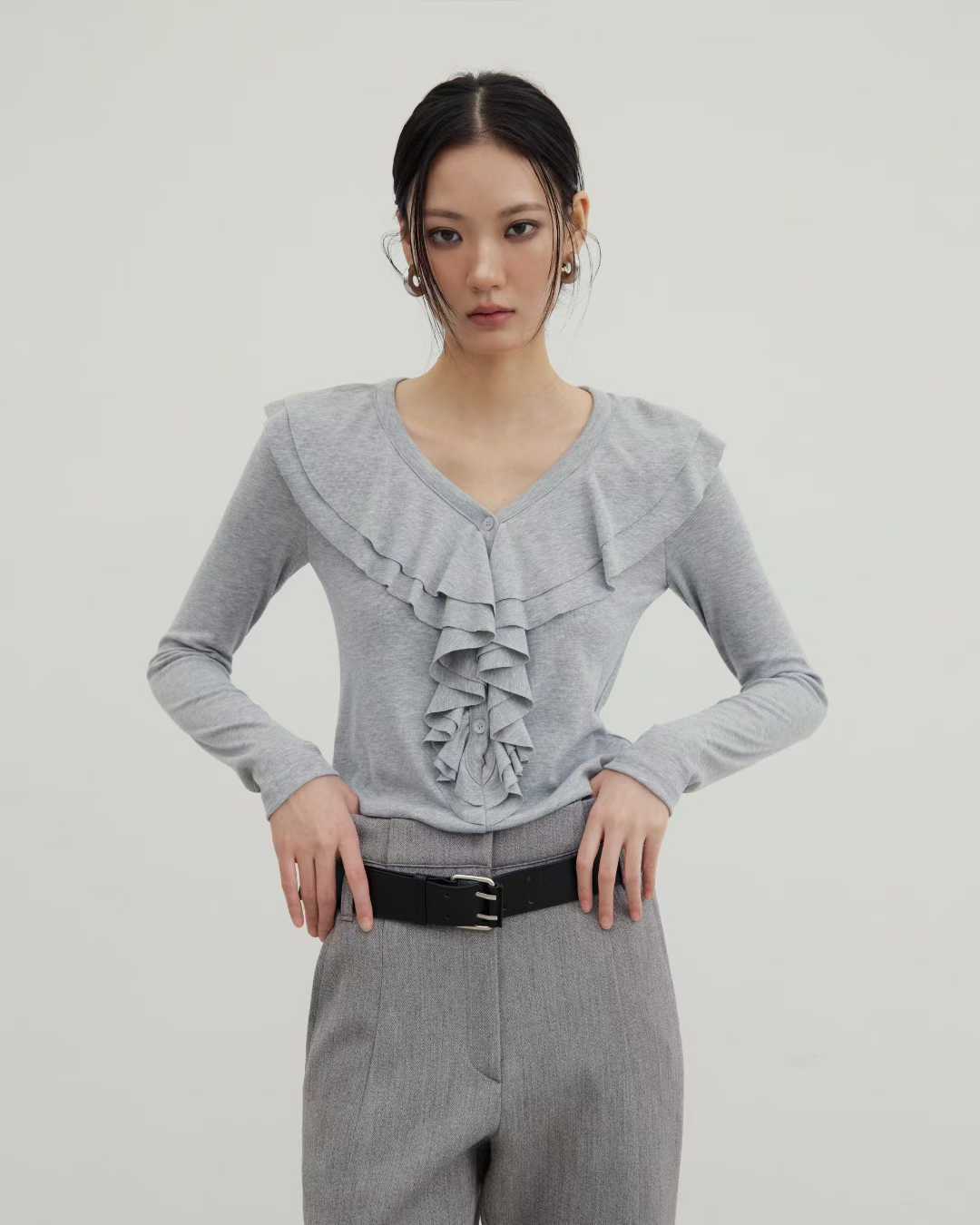 TP22016- 韓國設計師款荷葉領氣質修身長袖T恤上衣