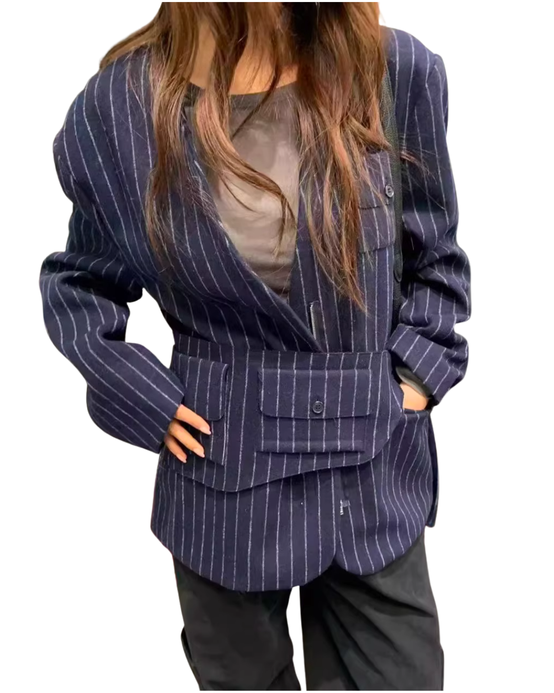 JK22083- 韓國率性無領條紋拉鍊西裝外套