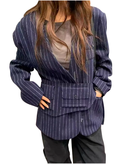 JK22083- 韓國率性無領條紋拉鍊西裝外套