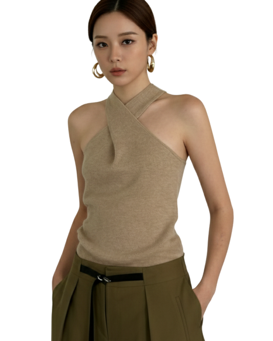 TP22076B- 韓國交叉帶時髦露肩修身顯瘦針織背心