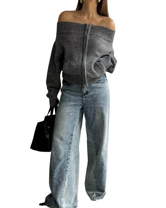 TP22086- 韓國法式羊毛混紡一字領寬鬆長袖毛衣