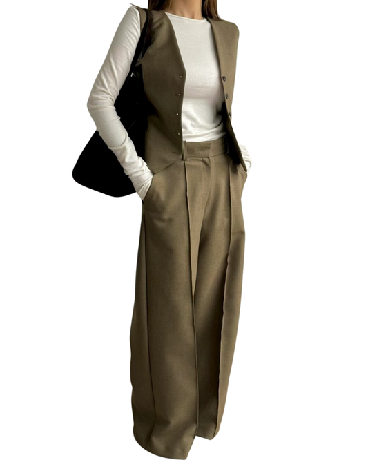 ST22090- 韓國西裝馬甲背心 + 寬鬆直筒褲兩件套