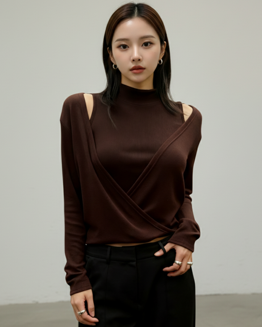 TP22020 - South Korea High Neck Off-Shoulder Knitted Faux Two-Piece Top