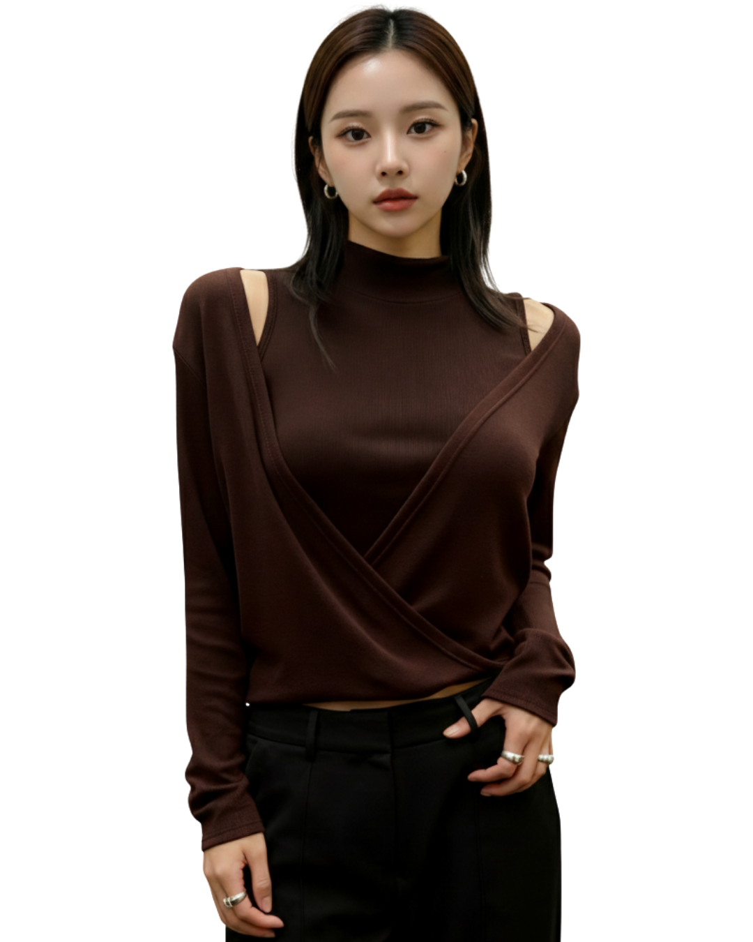 TP22020 - South Korea High Neck Off-Shoulder Knitted Faux Two-Piece Top
