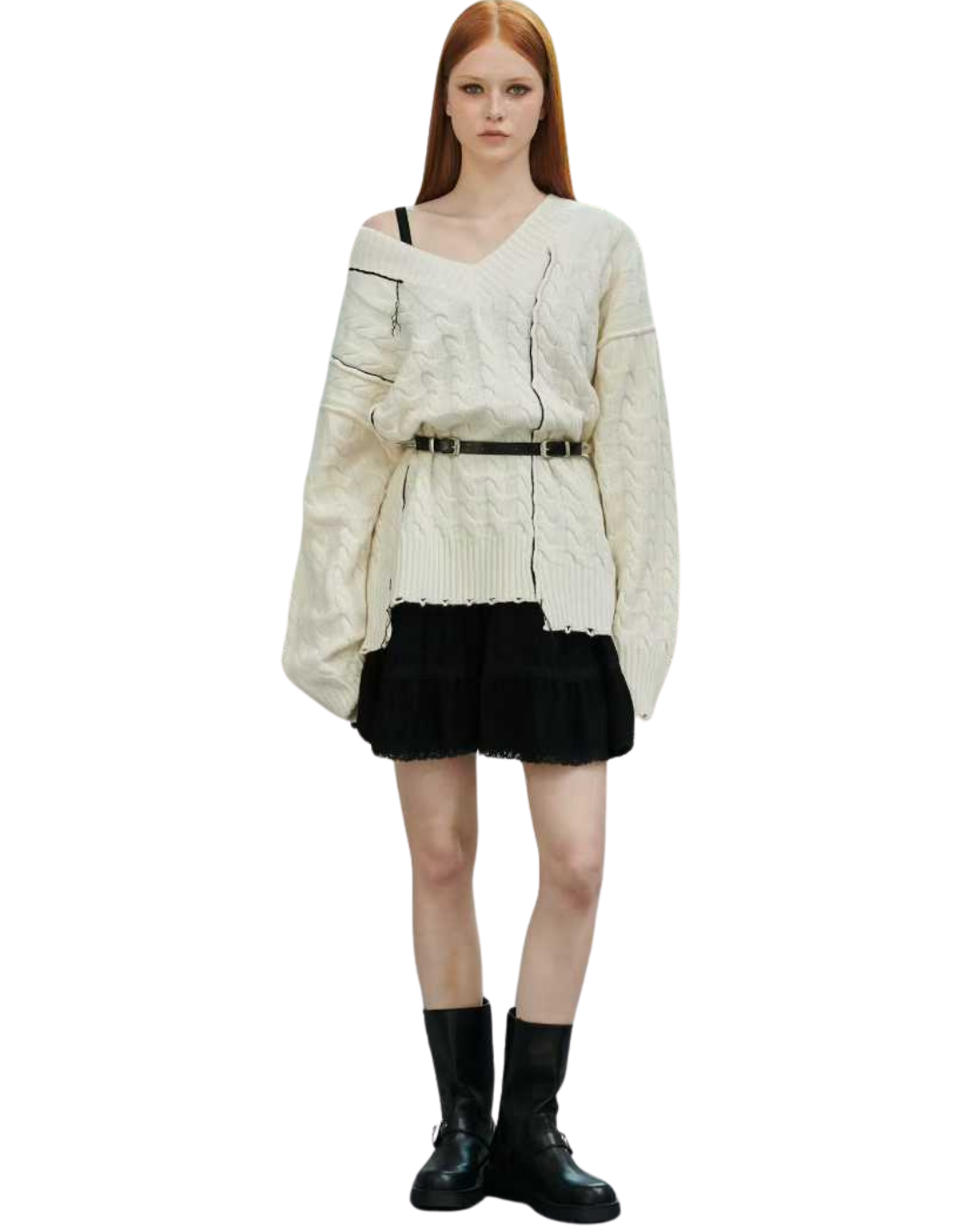 TP21996B- 韓國設計師款oversize手工縫線麻花V領毛衣(不包腰带)