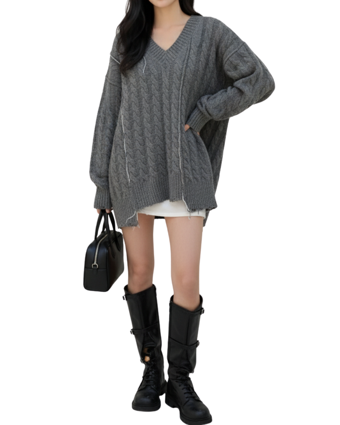 TP21996B- 韓國設計師款oversize手工縫線麻花V領毛衣(不包腰带)