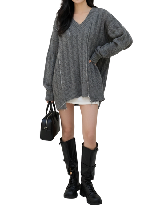 TP21996A- 韓國設計師款oversize手工縫線麻花V領毛衣(不包腰带)
