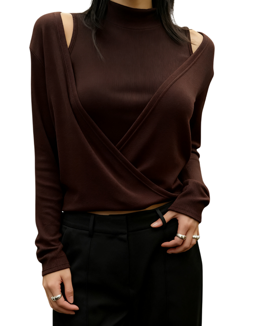 TP22020- 韓國高領露肩針織假兩件上衣